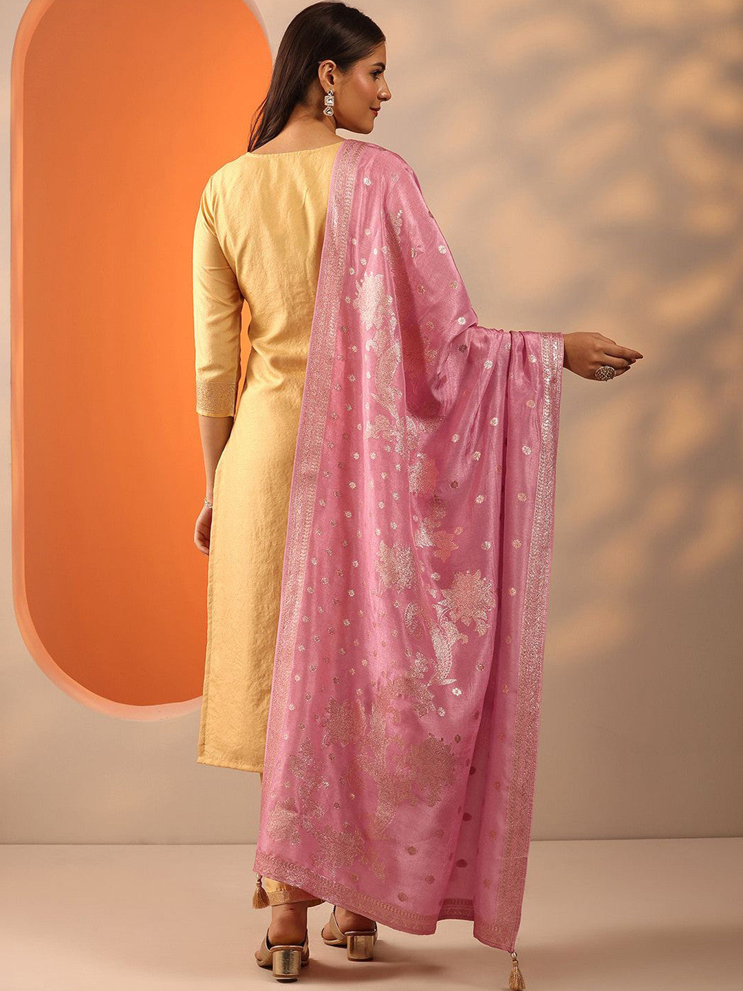 Floral Woven Design V-Neck Straight Kurta With Trousers & Dupatta