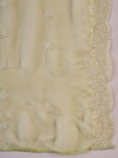 Women Floral Embroidered Cotton Kurta with Palazzo & Dupatta