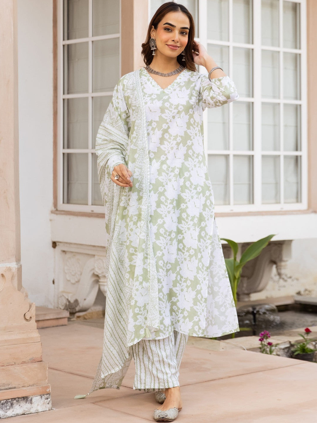 Printed Pure Cotton Straight Kurta With Trousers & Dupatta