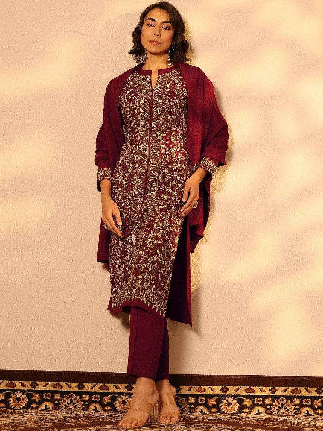 Ethnic Motifs Embroidered Mandarin Collar Thread Work Kurta With Trousers & Dupatta