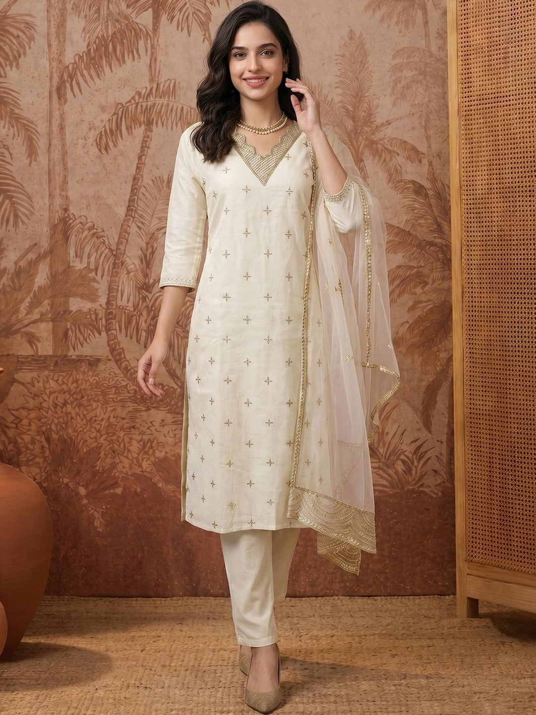 Women Ethnic Motifs Embroidered Regular Kurta with Trousers & With Dupatta