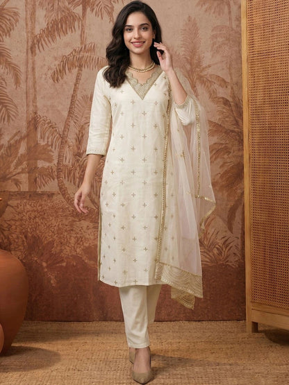 Women Ethnic Motifs Embroidered Regular Kurta with Trousers & With Dupatta