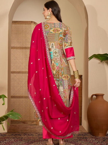 Embroidered V-Neck Anarkali Kurta & Palazzos With Dupatta