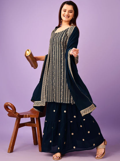 Dhiyona KL Floral Embroidered Georgette Straight Kurta with Sharara & Dupatta