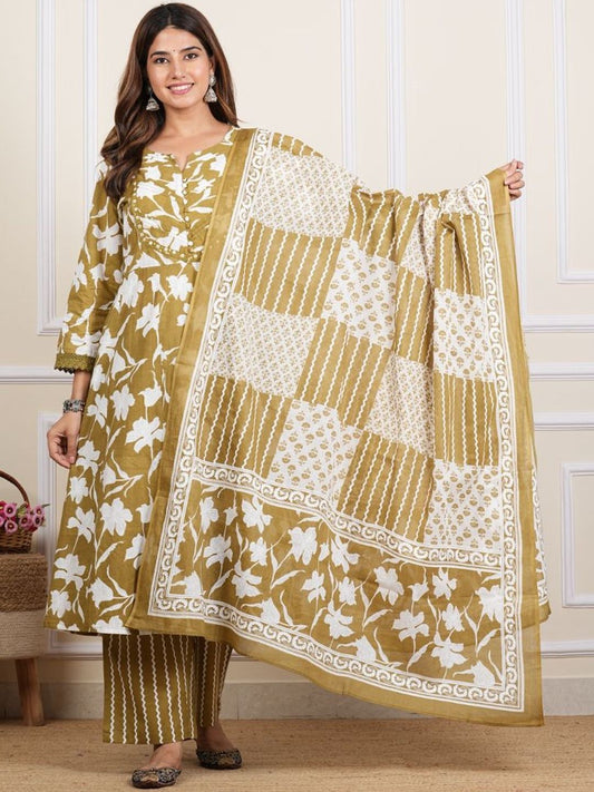 Dhiyona KL Floral Printed Straight Pure Cotton Kurta With Trouser & Dupatta