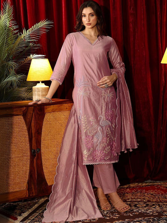 Dusty Pink Floral Embroidered Chanderi Silk Straight Suit Set