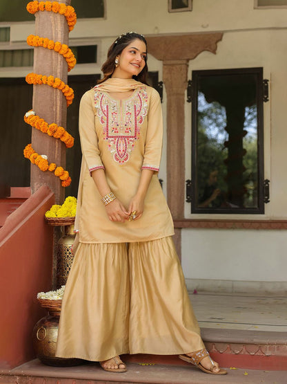 Dhiyona SC Women Beige Chanderi Silk Embroidered Sharara Set
