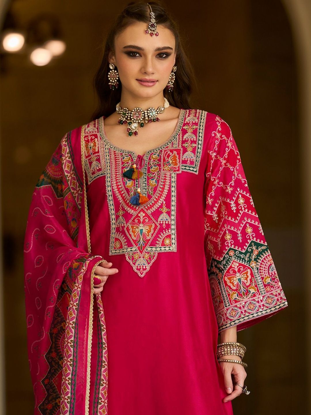Dhiyona IE Women Ethnic Motifs Embroidered Regular Thread Work Kurta & Trousers With Dupatta