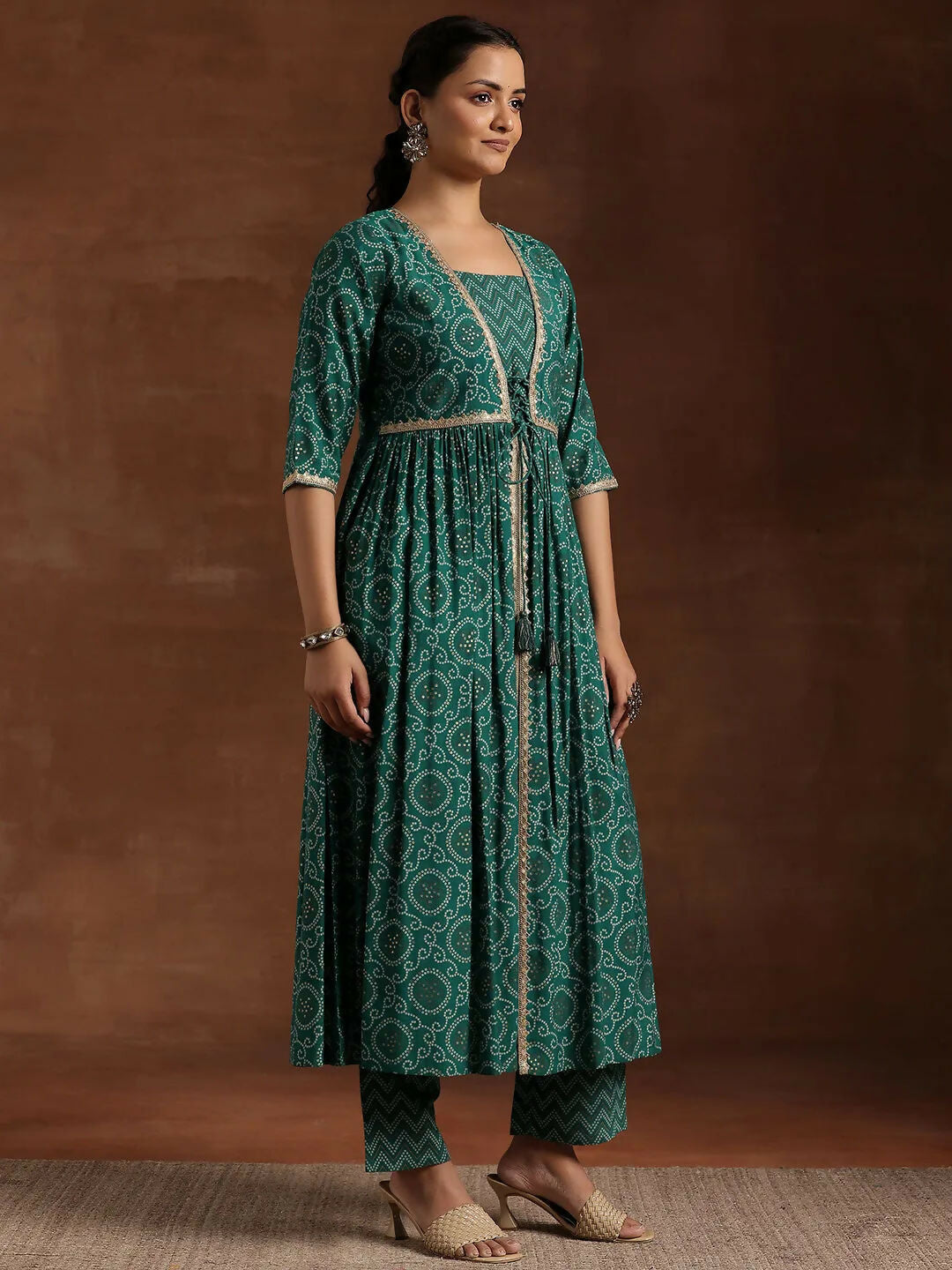 Women's LB Rama Green Printed Silk Blend A-Line Kurta With Trousers & Dupatta