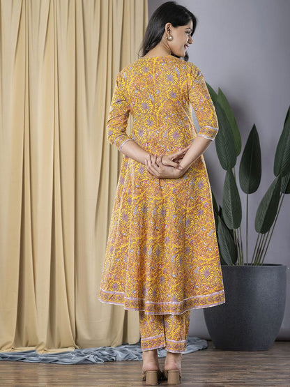 Dhiyona KL Floral Printed Pure Cotton Anarkali Kurta with Trousers & Dupatta