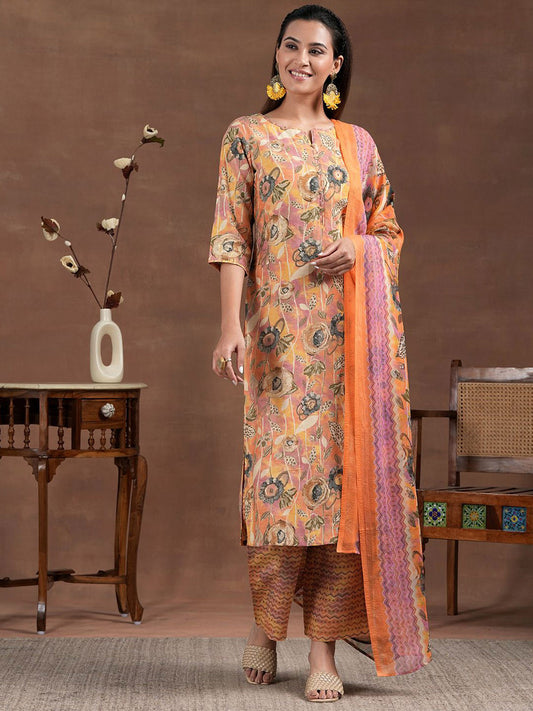 Floral Printed Straight Kurta With Palazzos & Dupatta