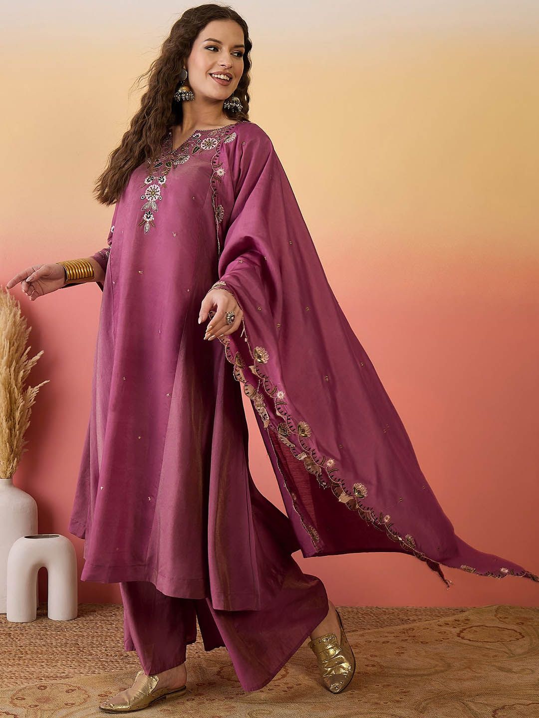 Dhiyona SN Women Embroidered Anarkali Kurta With Palazzo & Dupatta