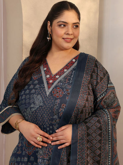 Dhiyona Women's Plus Size Ethnic Motifs Printed Kurta with Trousers & Dupatta