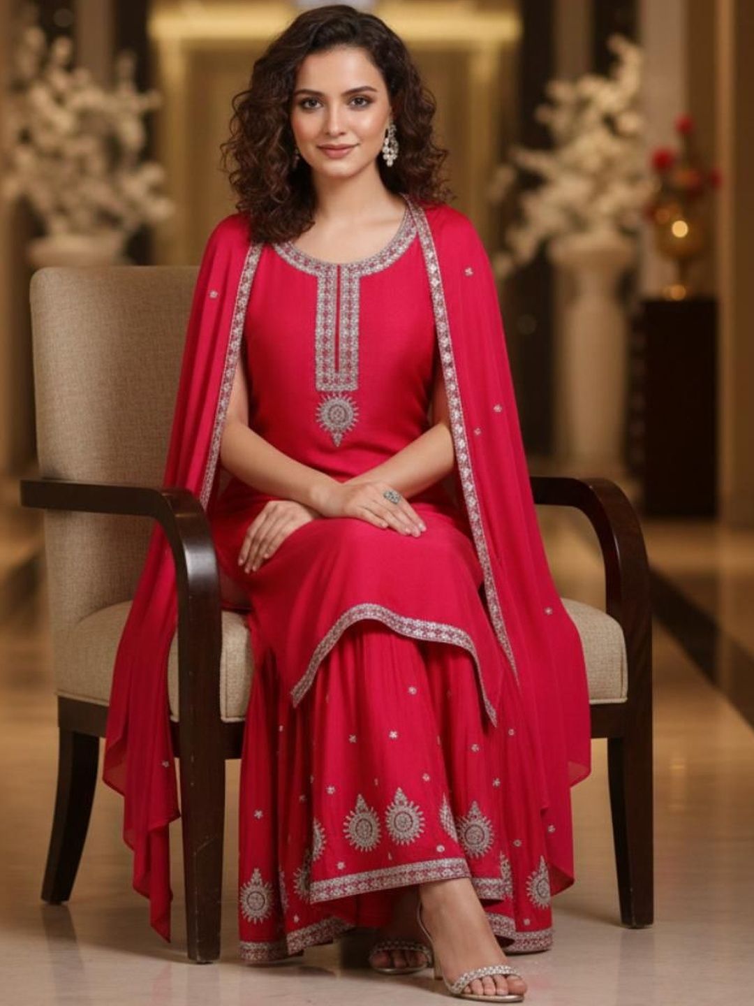 Dhiyona KL Women Ethnic Motifs Embroidered Regular Thread Work Kurta with Sharara & With Dupatta