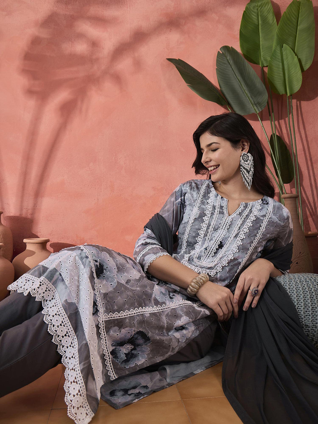 Dhiyona SN Grey Floral Printed Notch Neck Straight Pure Cotton kurta With Trouser And Dupatta