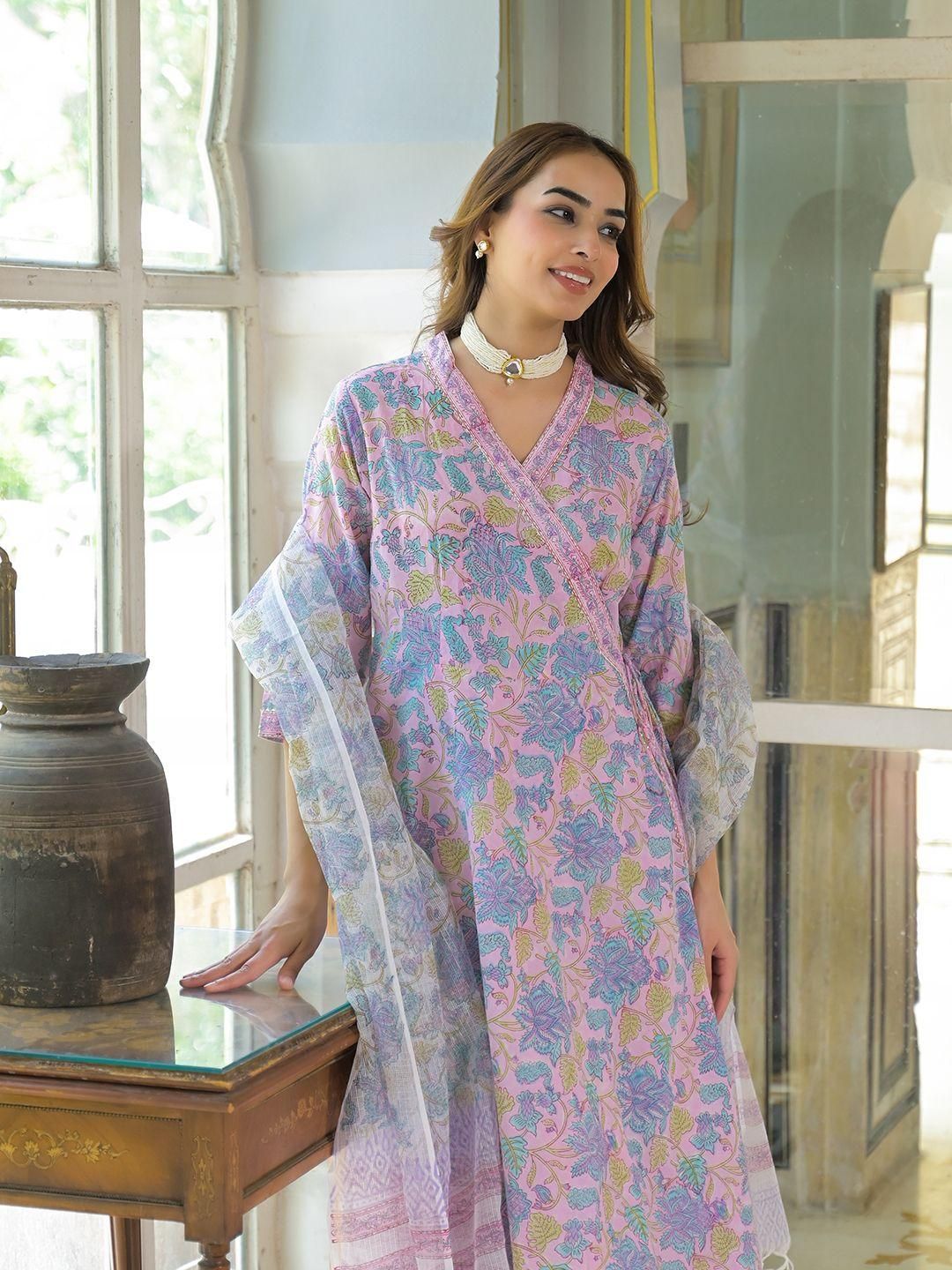 Dhiyona KL Women Floral Printed Angrakha Gotta Patti Pure Cotton Kurta with Palazzos & With Dupatta