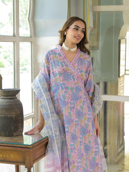 Dhiyona KL Women Floral Printed Angrakha Gotta Patti Pure Cotton Kurta with Palazzos & With Dupatta