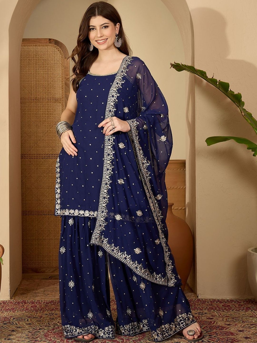Dhiyona SN Ethnic Motifs Embroidered Regular Thread Work Kurti With Sharara & Dupatta