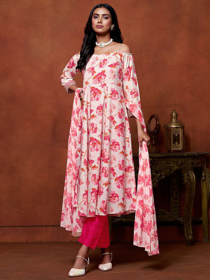 Floral Printed Off Shoulder Anarkali Kurta With Trousers And Dupatta