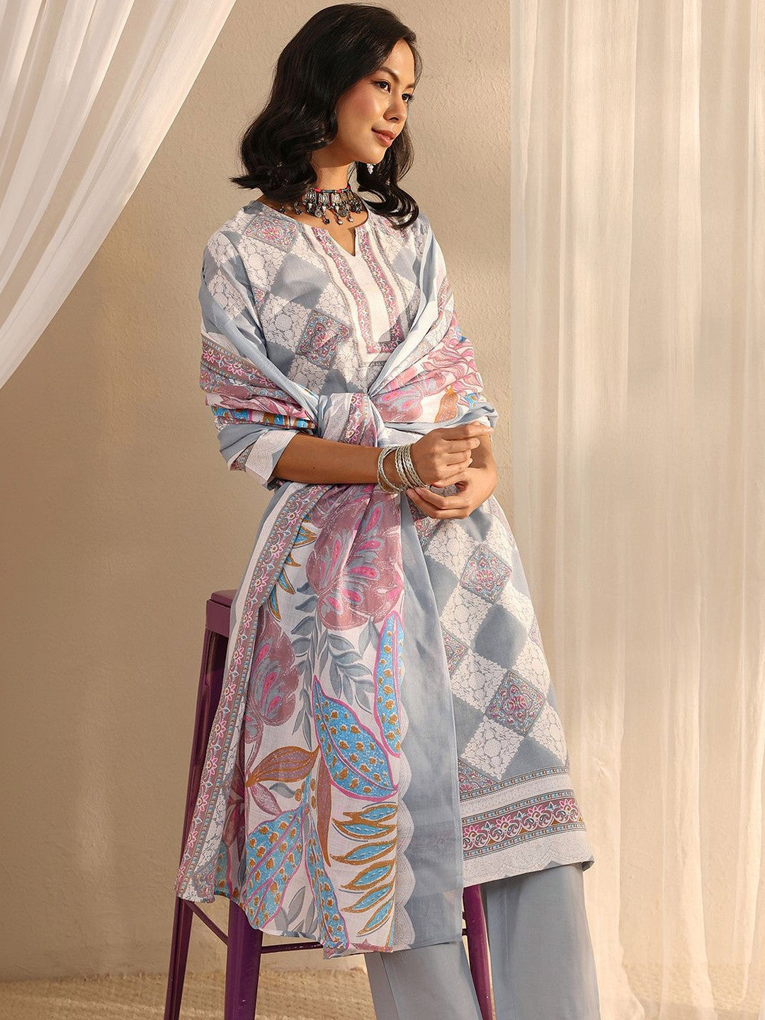 Libas Grey Geometric Printed Straight Suit Set with Dupatta