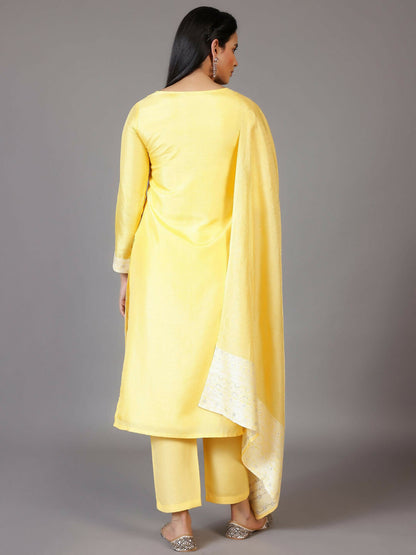 Women's LB Yellow Woven Design Silk Blend Straight Suit With Dupatta