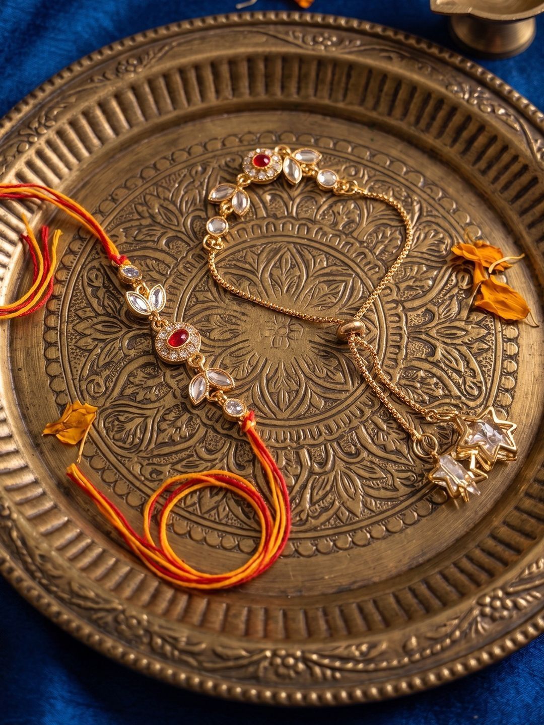 Dhiyona Set Of 2 Kundan Studded Gold Toned Bhaiya Bhabhi Rakhi
