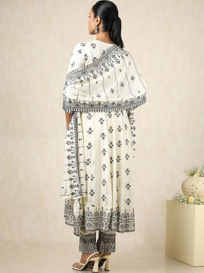 Dhiyona SO Women's Floral Embroidered Thread Work Pure Cotton A-Line Kurta With Trousers