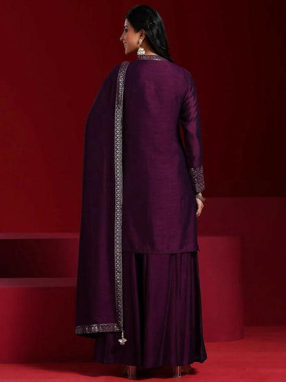 Women's LB Art Wine Embroidered Silk Blend Straight Suit With Dupatta