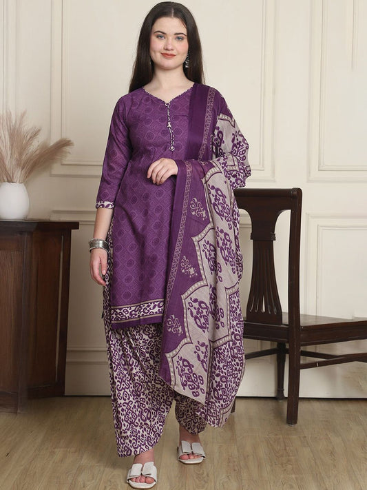 Dhiyona KL Geometric Printed V-Neck Straight Kurta With Salwar & Dupatta