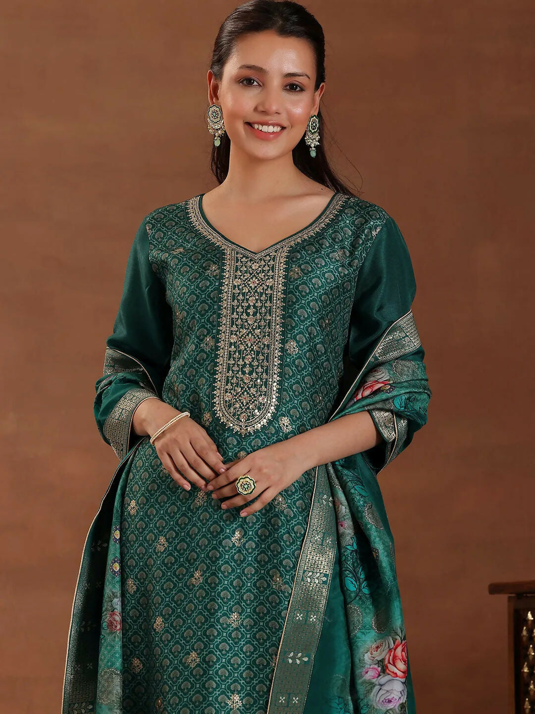 Women's LB Teal Printed Silk Blend Straight Suit With Dupatta