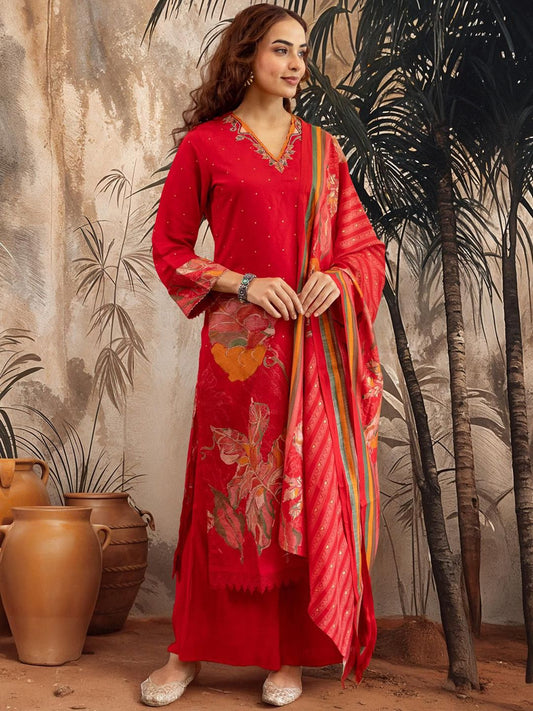 Dhiyona SN Floral Printed Straight Kurta With Palazzos & Dupatta