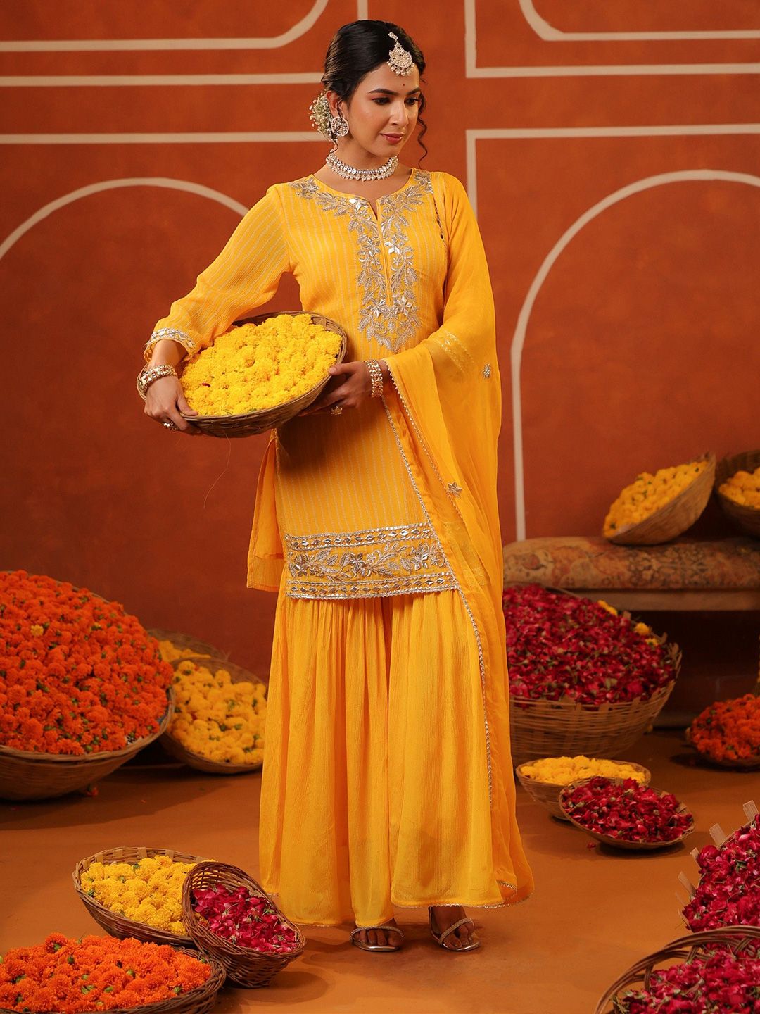 Dhiyona SC Women Bandhani Printed Gotta Patti Straight Kurta with Sharara & Dupatta