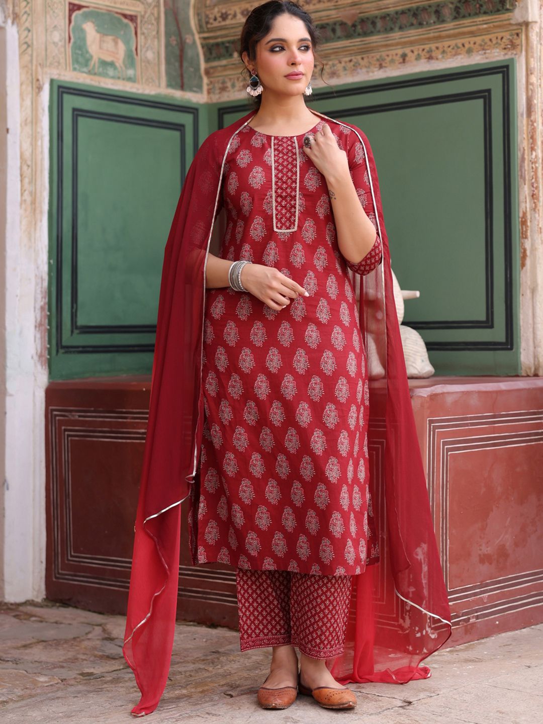 Dhiyona RR Women's Ethnic Motifs Printed Regular Pure Cotton Kurta with Trousers & With Dupatta