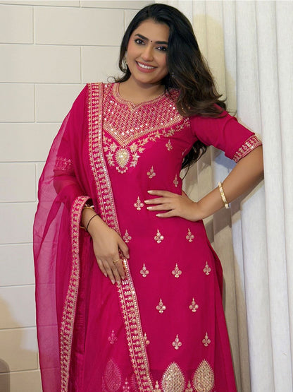 Dhiyona KL Ethnic Motifs Embroidered Sequinned Georgette Straight Kurta With Sharara & Dupatta