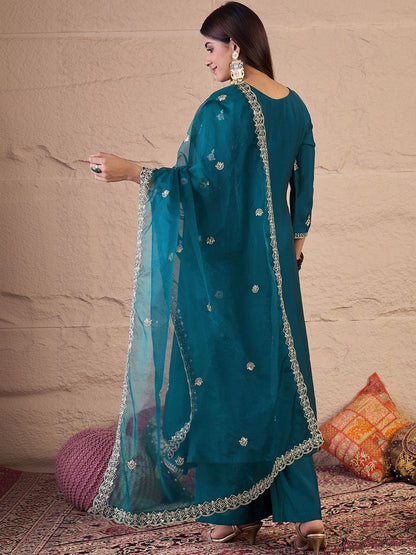 Dhiyona IN Women Ethnic Motifs Embroidered Panelled Thread Work Kurta with Palazzos & With Dupatta