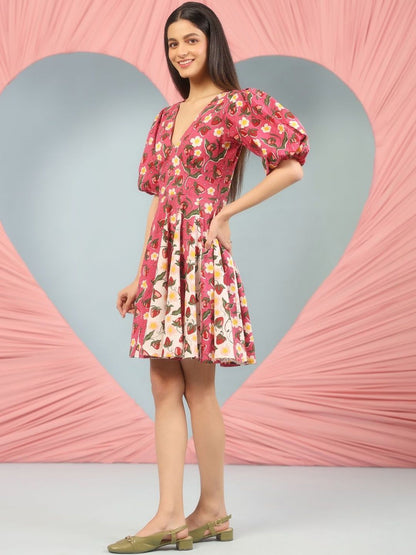 Dhiyona AY Women's Floral Print Puff Sleeve Fit & Flare Mini Dress