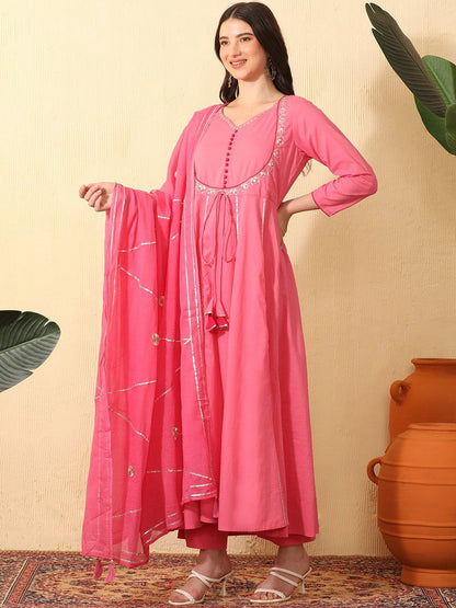 Women Ethnic Motifs Empire Sequinned Pure Cotton Kurta Trousers & Dupatta