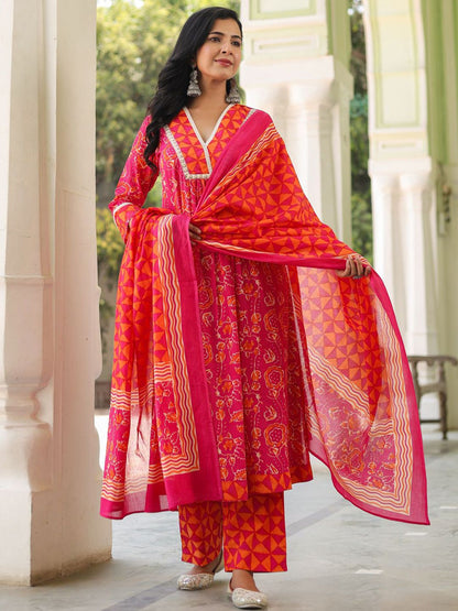 Dhiyona RR Women's Floral Sequinned Pure Cotton Kurta with Trousers & Dupatta