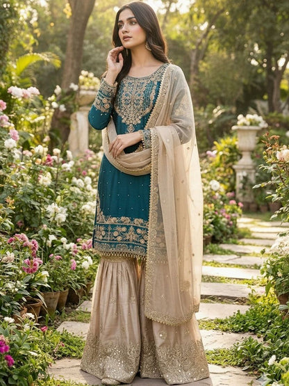 Dhiyona KL Women Ethnic Motifs Embroidered Regular Gotta Patti Kurta with Sharara & With Dupatta