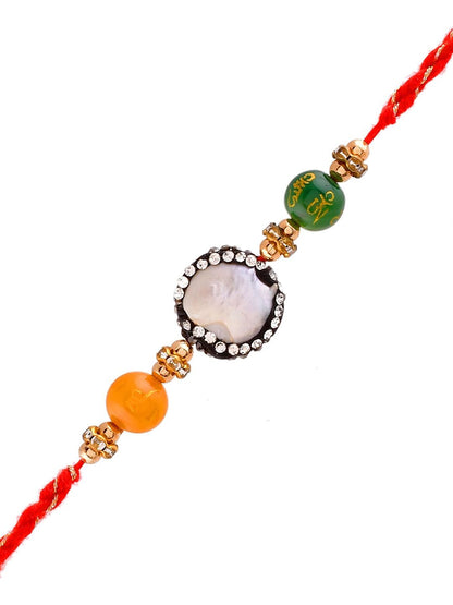 Dhiyona Orange Stone Studded & Beaded Thread Rakhi With Roli Chawal & Greeting Card