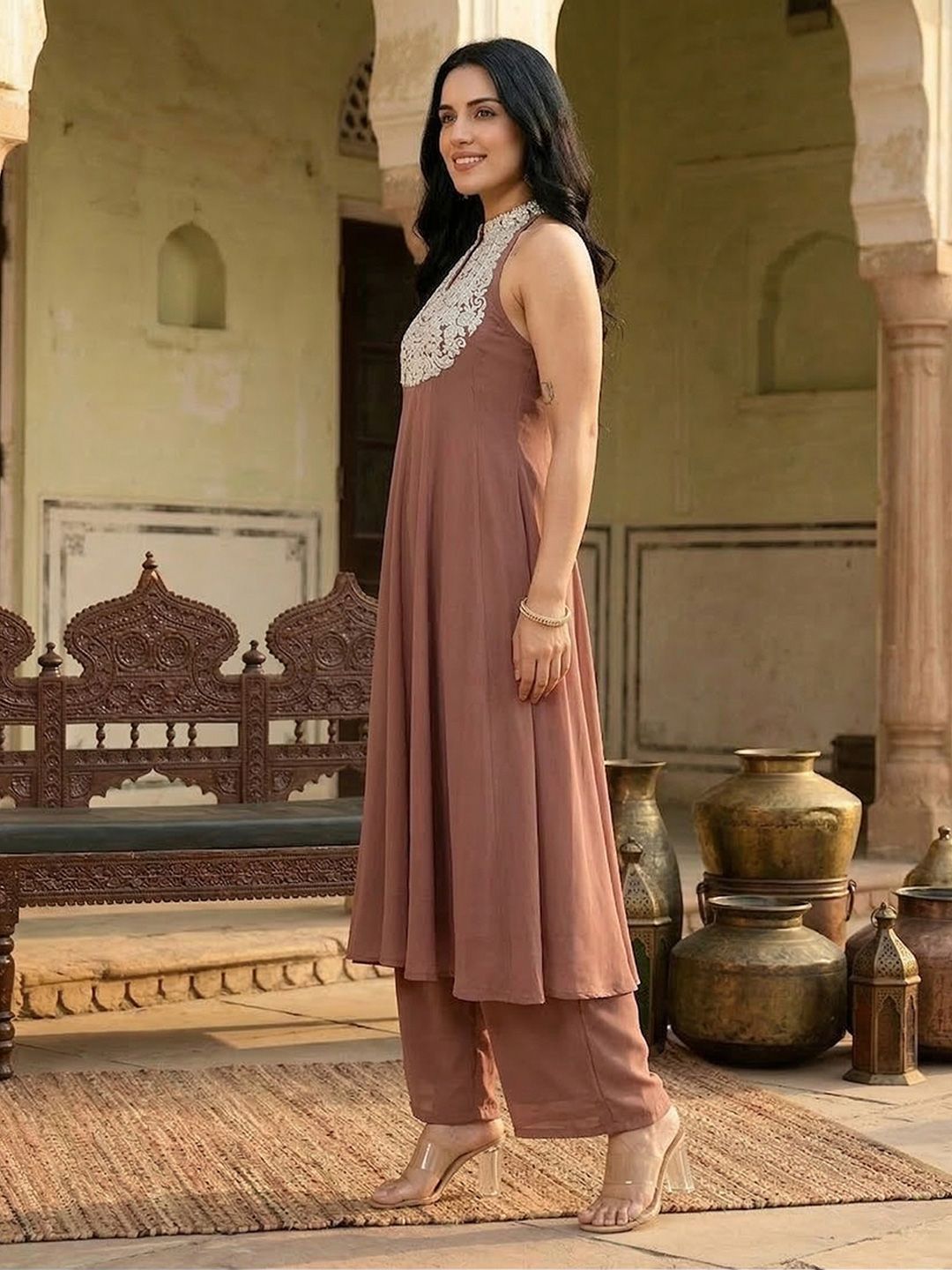 Camel Brown Floral Embroidered Panelled Silk Georgette Anarkali Kurta With Trouser