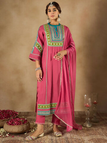 Women's Pink Embroidered Straight Kurta Trousers With Dupatta Set