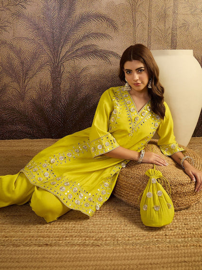 Embroidered V-Neck Kurta & Trousers Kurta Set