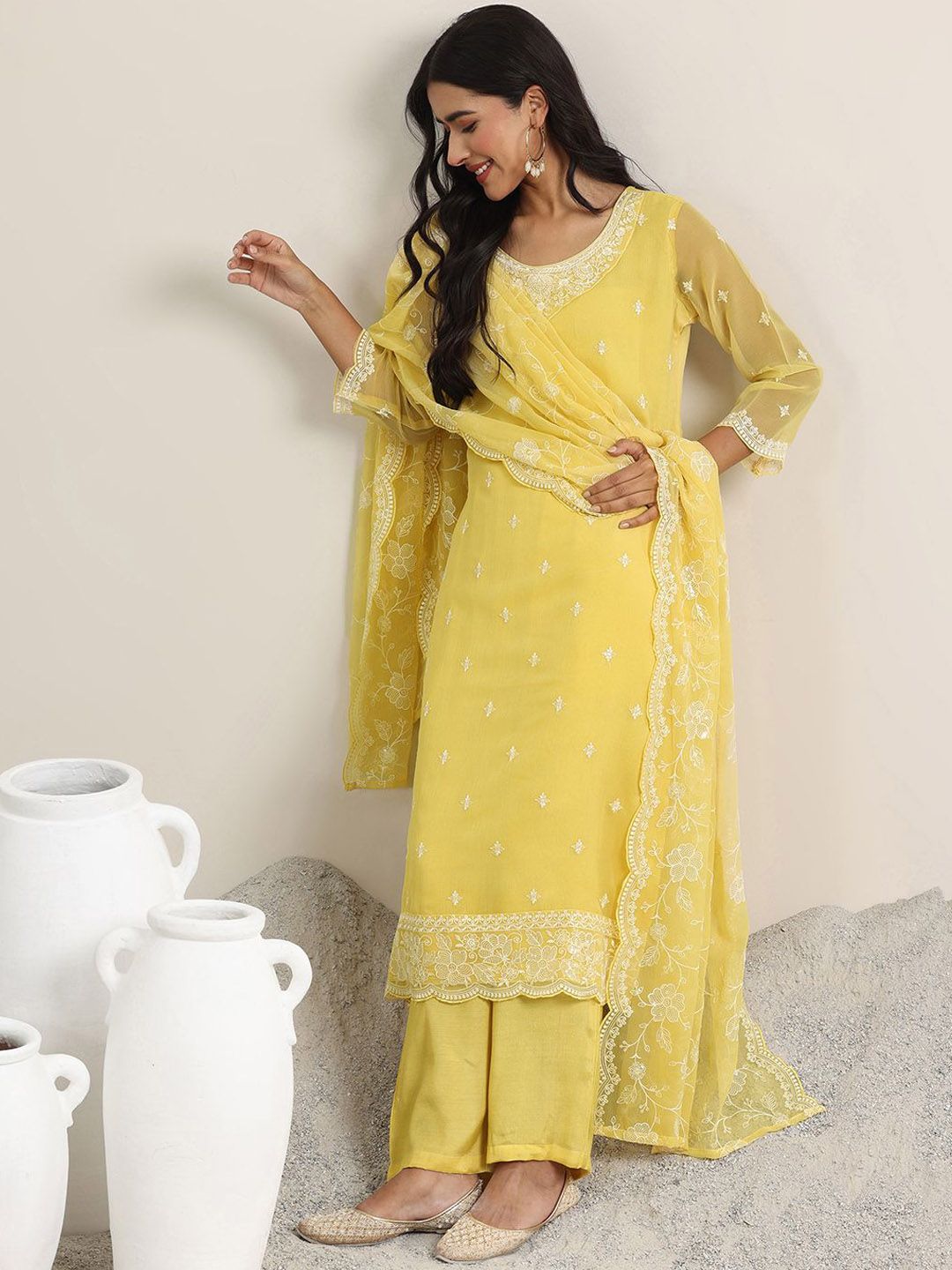 Dhiyona LL Ethnic Motifs Embroidered Round Neck Sequinned Kurta With Palazzos & Dupatta