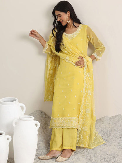 Dhiyona LL Ethnic Motifs Embroidered Round Neck Sequinned Kurta With Palazzos & Dupatta