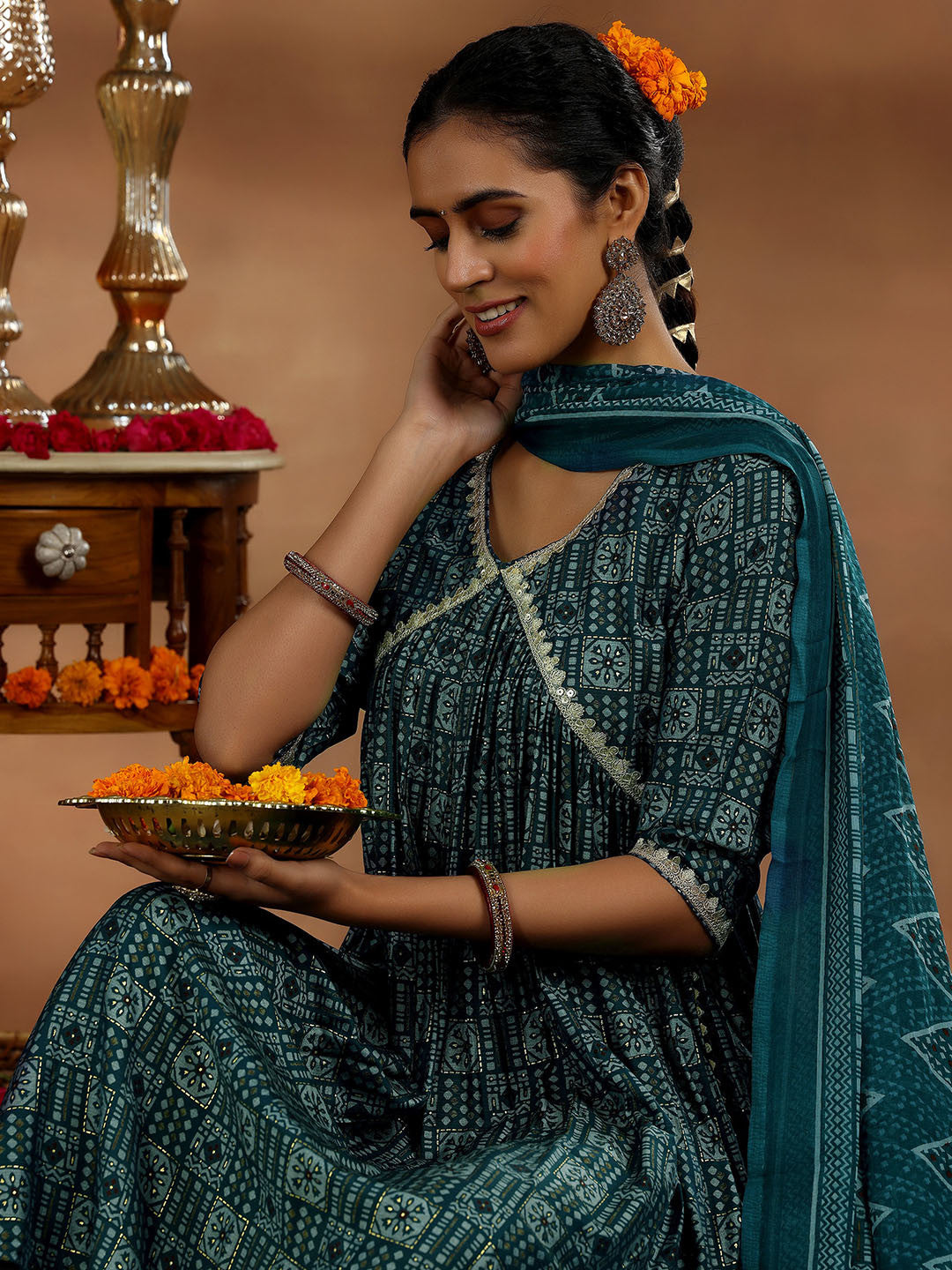 Women Ethnic Motifs Printed Angrakha Thread Work Kurta with Trousers & With Dupatta