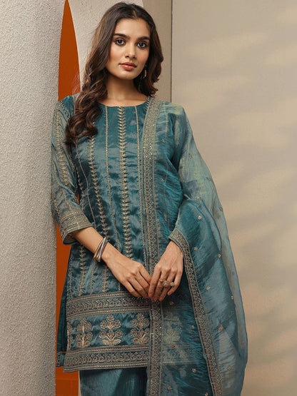 Dhiyona LL Ethnic Motifs Embroidered Thread Work Kurta with Palazzos & Dupatta