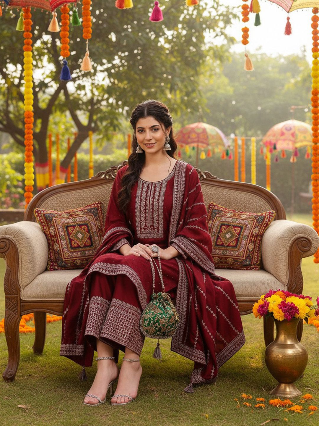 Dhiyona KL Ethnic Motifs Embroidered Round Neck Zari Straight Kurta With Palazzo & Dupatta