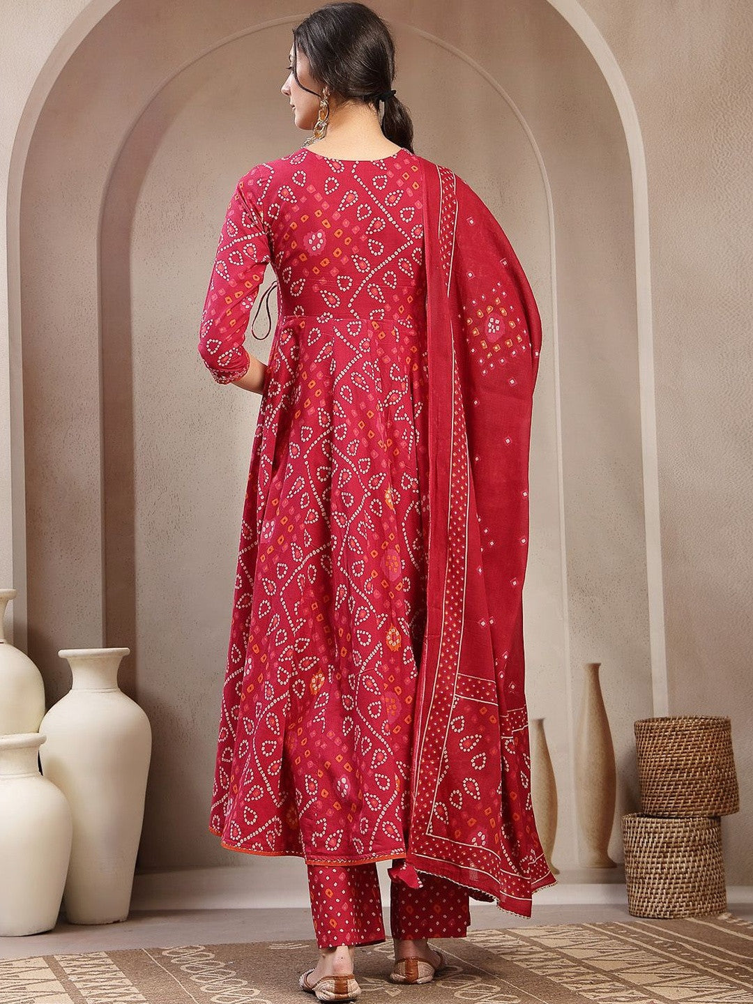 Printed Cotton V-Neck Kurta & Palazzos With Dupatta