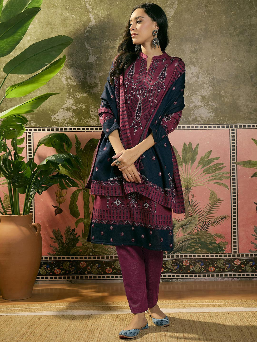 Women Winter Ethnic Motifs Printed Regular Kurta With Trousers & Dupatta